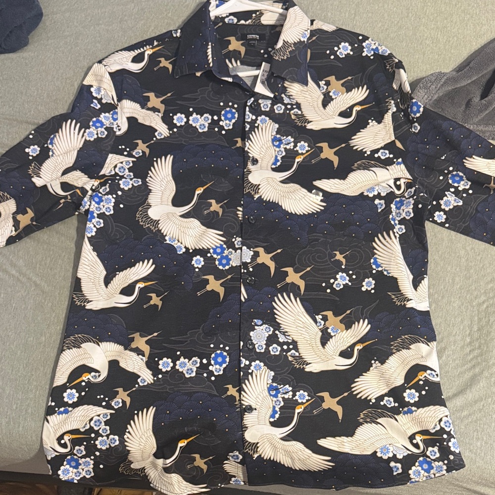 Express Black and Cream Crane Print Shirt